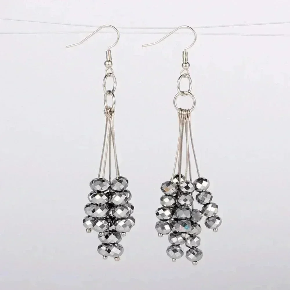 Silver Faceted Austrian Crystal Multi Stacked Rondelle Drops Long Earrings